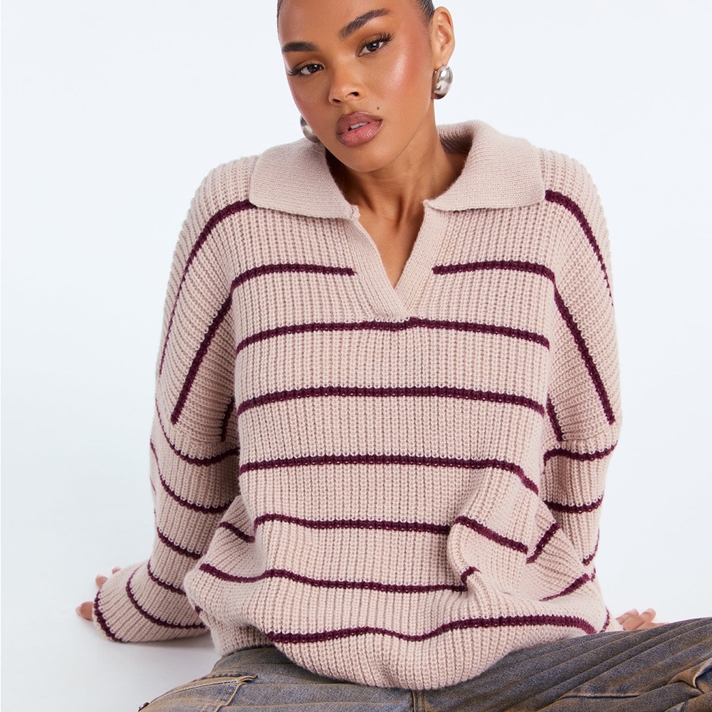 Fashion Nova polo collar V-Neck Sweater - Cream and Burgundy